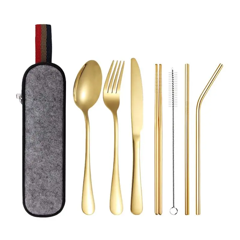 Portable Stainless Steel Flatware Set 8 Pieces, Reusable Cutlery Set Travel Utensils Set Including Chopsticks Knife Fork Spoon Straws Cleaning Brush Dishwasher Safe, Gold and Silver, Kitchenware, Modern Tableware Kit Lunch