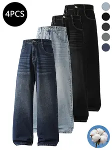 4-pack men’s jeans for autumn/winter, simple versatile straight-leg classic vintage jeans, suitable for everyday commuting and casual wear for men