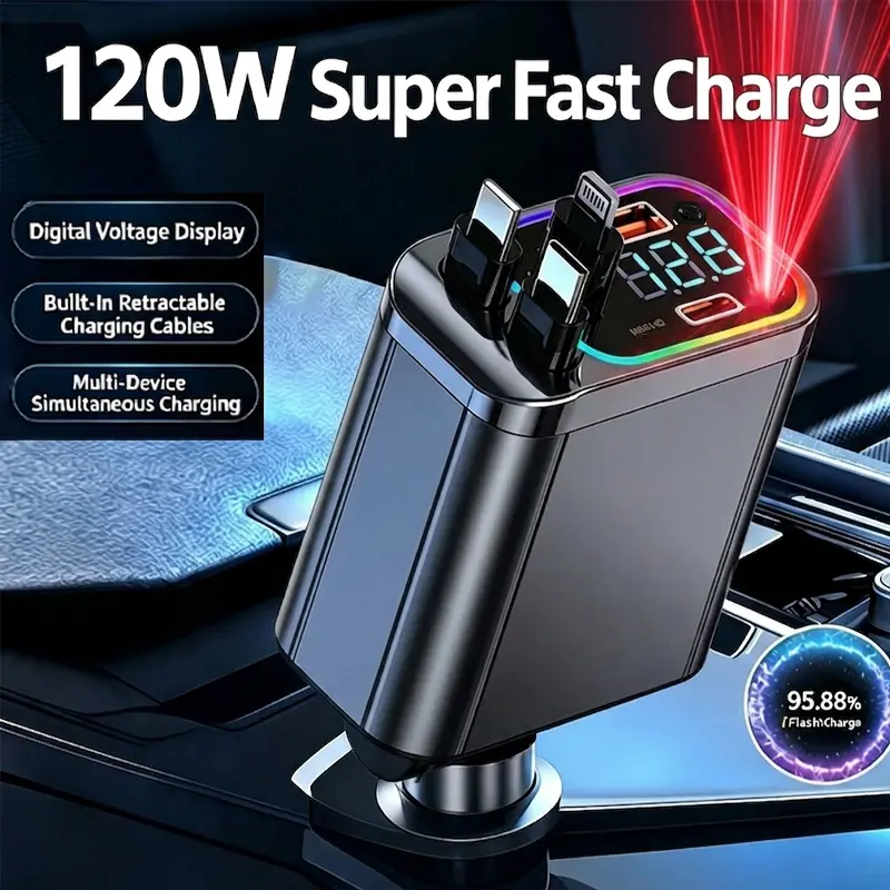 Premium Metal Retractable Car Charger with Starry Atmosphere Light RGB LED 180° Rotating Dual Retractable Cable PD30W Super Fast Charging Adapter Voltmeter Display for iPhone Samsung