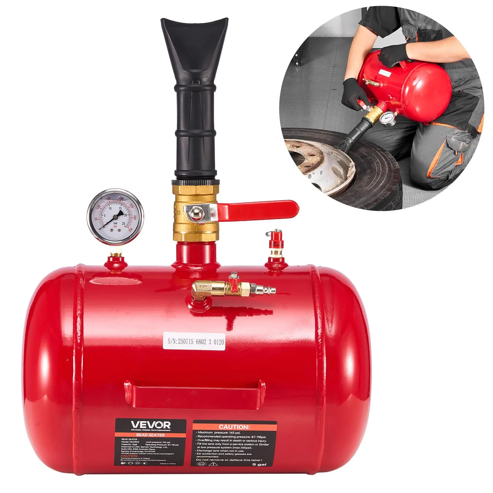 【toolupgrade】VEVOR Heavy Duty Air Tire Bead Seater, 5 Gal/18.9 L Bead Blaster Tool, 87-116 PSI Operating Pressure, Air Trigger Seating Inflator for Pickup Truck, Home Garage & Farms, Portable Red Tire Inflation Tool