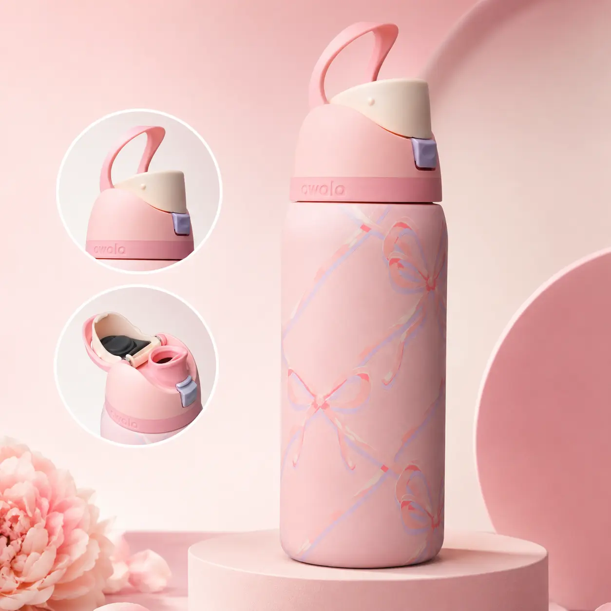 Owala 32oz Soft Pink Bow Print Insulated Water Bottle with Flip Lid, Built-In Straw & Carry Loop, Stainless Steel Travel Bottle