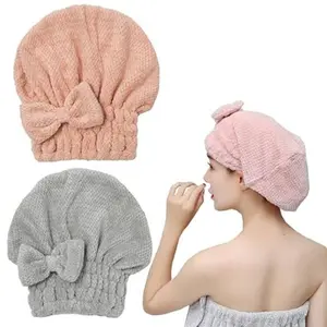 Microfiber Hair Towel Cap Absorbent Turban Towel for Curly & Straight Hair Pink Gray Quick Drying with Bow Design Plain Style
