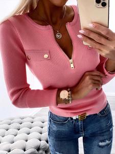 women's plain zipper half placket tee, casual fitted long sleeve round neck top for daily wear, ladies knitwear for all seasons valentine's day, sweater knitwear, womenswear, longsleeves stretch knit upper, casual classy top