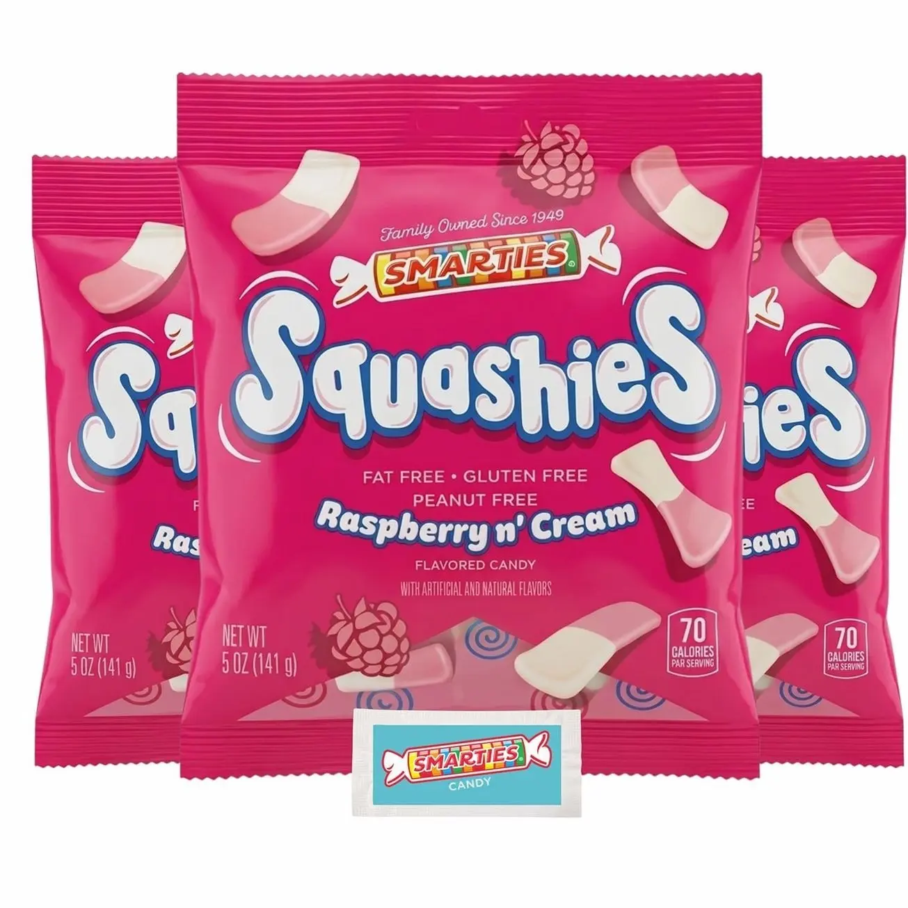 Smarties Squashies Foam Marshmallows Gummy Candies & Smarties Sample Packet Variety Pack - Raspberry & Cream Flavored - Allergen Free, Peanut Free & Gluten Free Candy - Soft & Chewy Squashies Candies - 5 oz Bag (Pack of 3)
