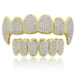 HipHop Grills Teeth Grillz Brass Gold Plated Halloween Gift Tooth Grillz Micro Pave CZ Top Bottom Mouth Teeth Grills Sets