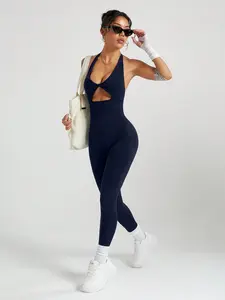 Seamless Deep V Backless High Elasticity Women's Yoga Gym Bodysuit, Comfortable Breathable Sportswear, Ladies Fitness Clothing