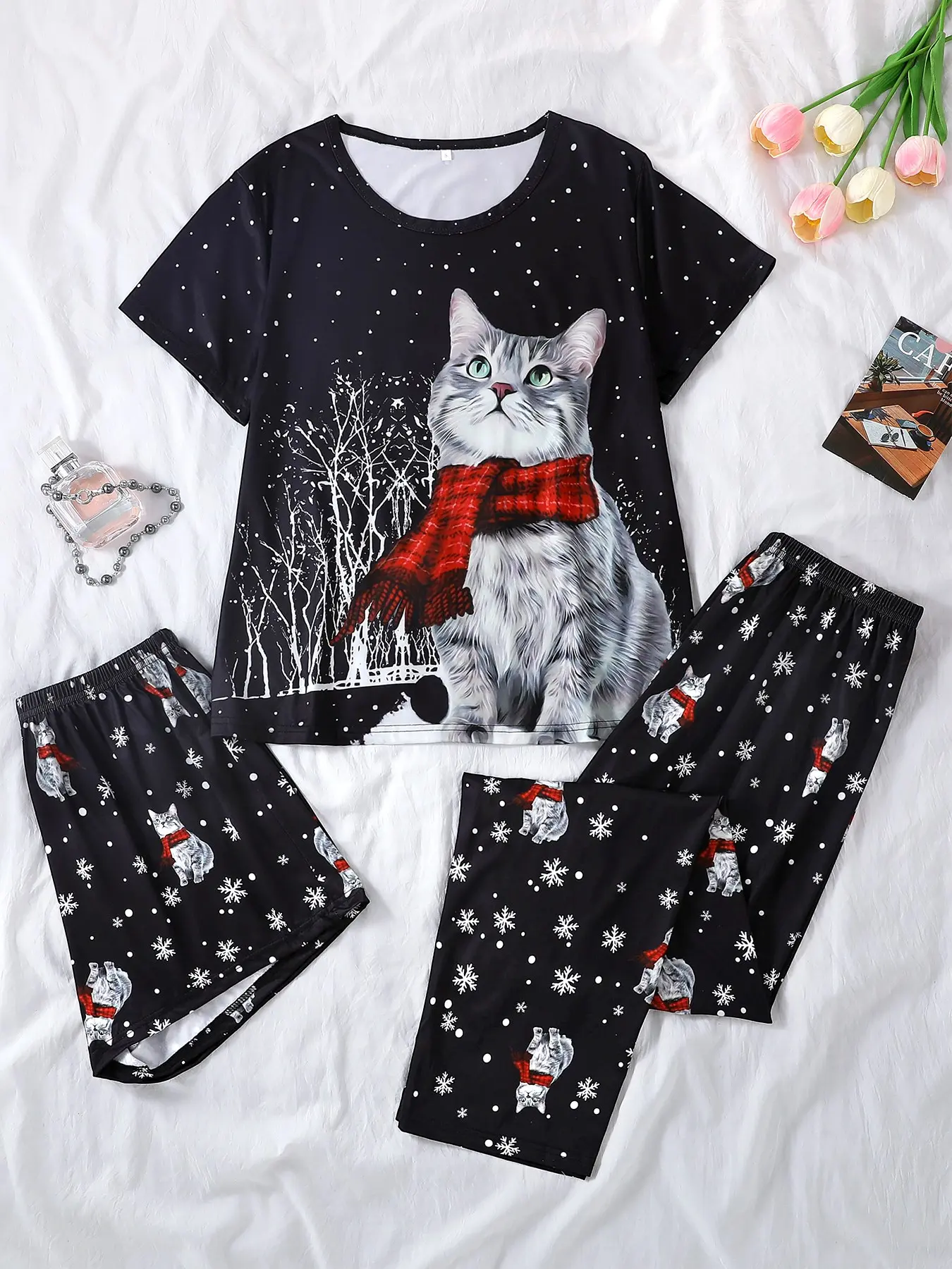 Women's Casual Sleepwear Set, Pajama Set, Round Neck Short Sleeve Top, Shorts & Pants, Cartoon Cat Print Scarf, All Seasons Home Wear