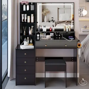 41" Large Size Left Bedside Cabinet Vanity Table+Cushioned Stool Dresser Set, 2 AC+2 USB Power Station, Hair Dryer Stand, Extra Large Touch Control LED Mirror, 3-color Switch