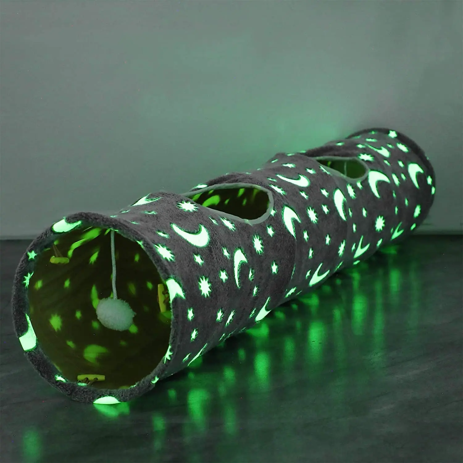 Self-Luminous Cat Tunnel Tube with Plush Ball Toys – Collapsible for Small Pets, Grey Moon Star