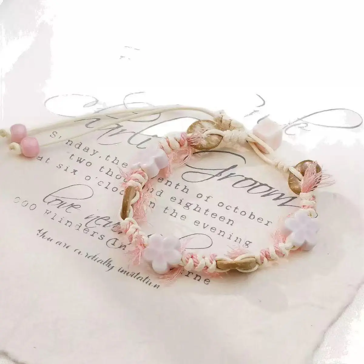 PowYun Cherry Dance Adjustable Beaded Strand Bracelet - Skin-Friendly Ceramic Beads, Dainty Pottery Collectible Cultural Accessory
