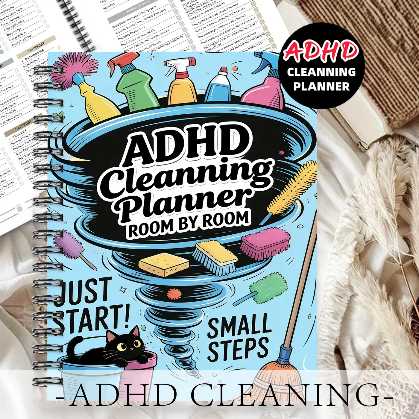 1pc ADHD Cleaning Planner Notebook, Spiral Notebook, Cartoon Bowl Style-for Housewives, Featuring Large Bowls, Cleaning Tools, Sectioned Step Notebook, Task Breakdown, Easy To Get Started, 5.5x8.3 Inch Notebook