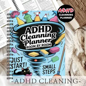 1pc ADHD Cleaning Planner Themed Subject Notebook, Cartoon Bowl Style-for Housewives, Featuring Large Bowls, Cleaning Tools, and Black Cat Patterns. Sectioned Step Notebook, Task Starter Notebook. Task Breakdown, Easy To Get Started. 5.5x8.3 Inch Notebook