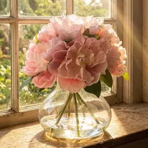 Garvee pink peony artificial flower, glass vase, silk fake peony flower arrangement, fake water, vase fake flower, table centerpiece, shelf, bathroom decoration, home & wedding decoration.