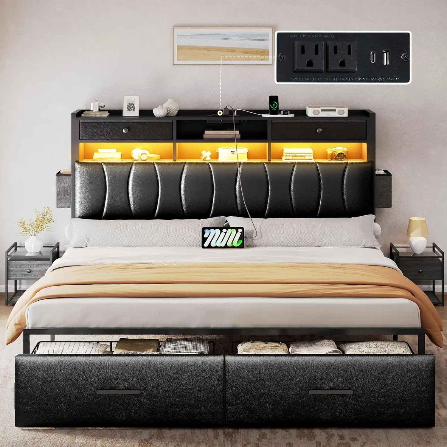 YITAHOME King Size with 2 Storage Drawers and Charging Station, Upholstered Bed with Storage Headboard and LED Light, Heavy Duty Metal Frame Support, No Box Spring Needed, Noise Free