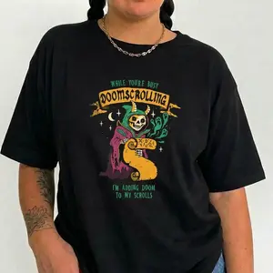 Plus Size Skeleton Shirt Funny Dark Humor Tee Women Doomscrolling Adding Doom To My Scrolls Spooky Goth Relaxed Fit Trendy Top S-6XL