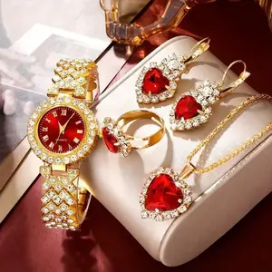 5PCs elegant women's fashion Golden quartz watch & heart jewelry set-perfect gift for Valentine's, Easter, Ramadan