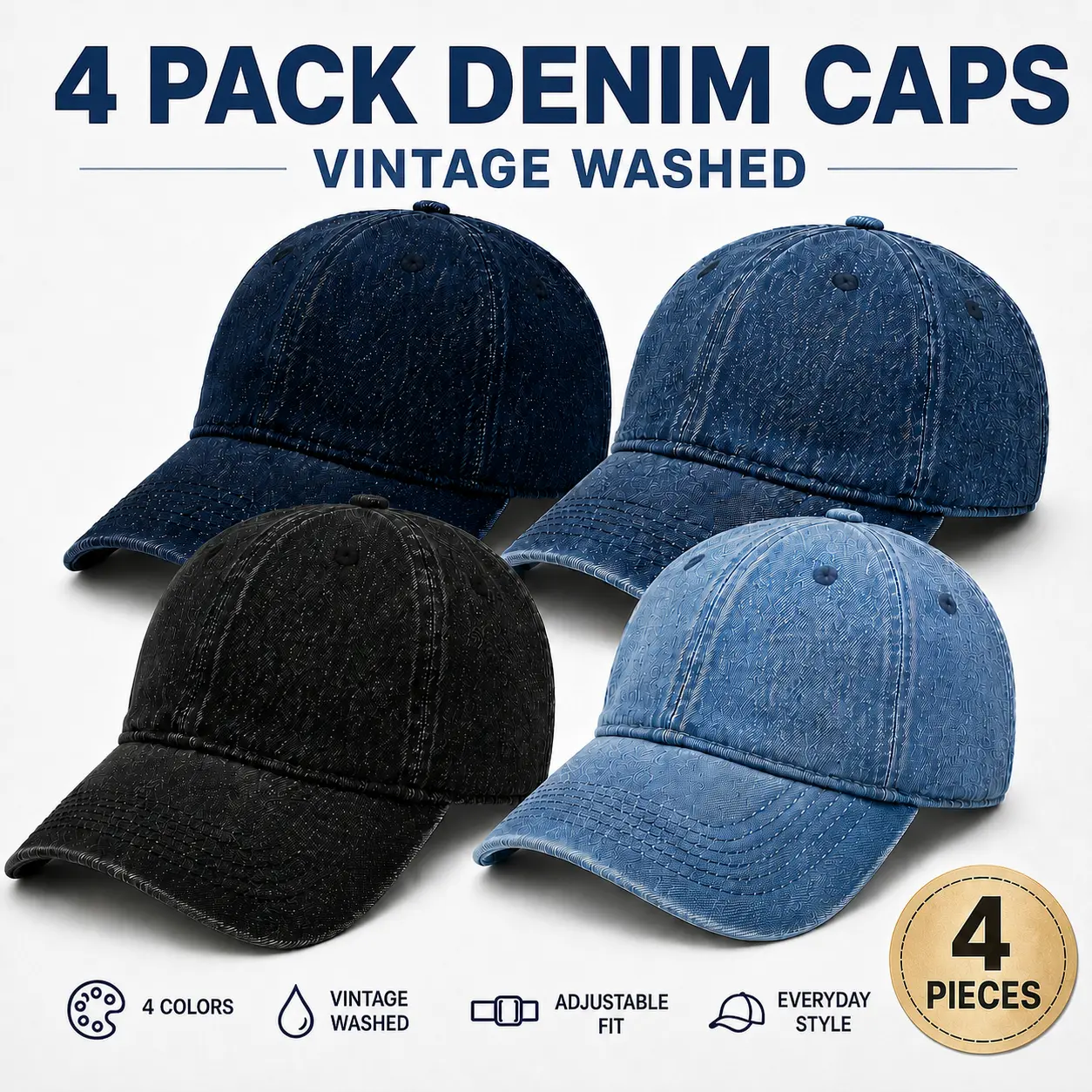4 Pack Denim Baseball Caps for Men Women, Vintage Washed Dad Hats, Adjustable Unisex Casual Cap Set, Curved Brim Outdoor Travel Everyday Hats