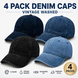 4 Pack Denim Baseball Caps for Men Women, Vintage Washed Dad Hats, Adjustable Unisex Casual Cap Set, Curved Brim Outdoor Travel Everyday Hats