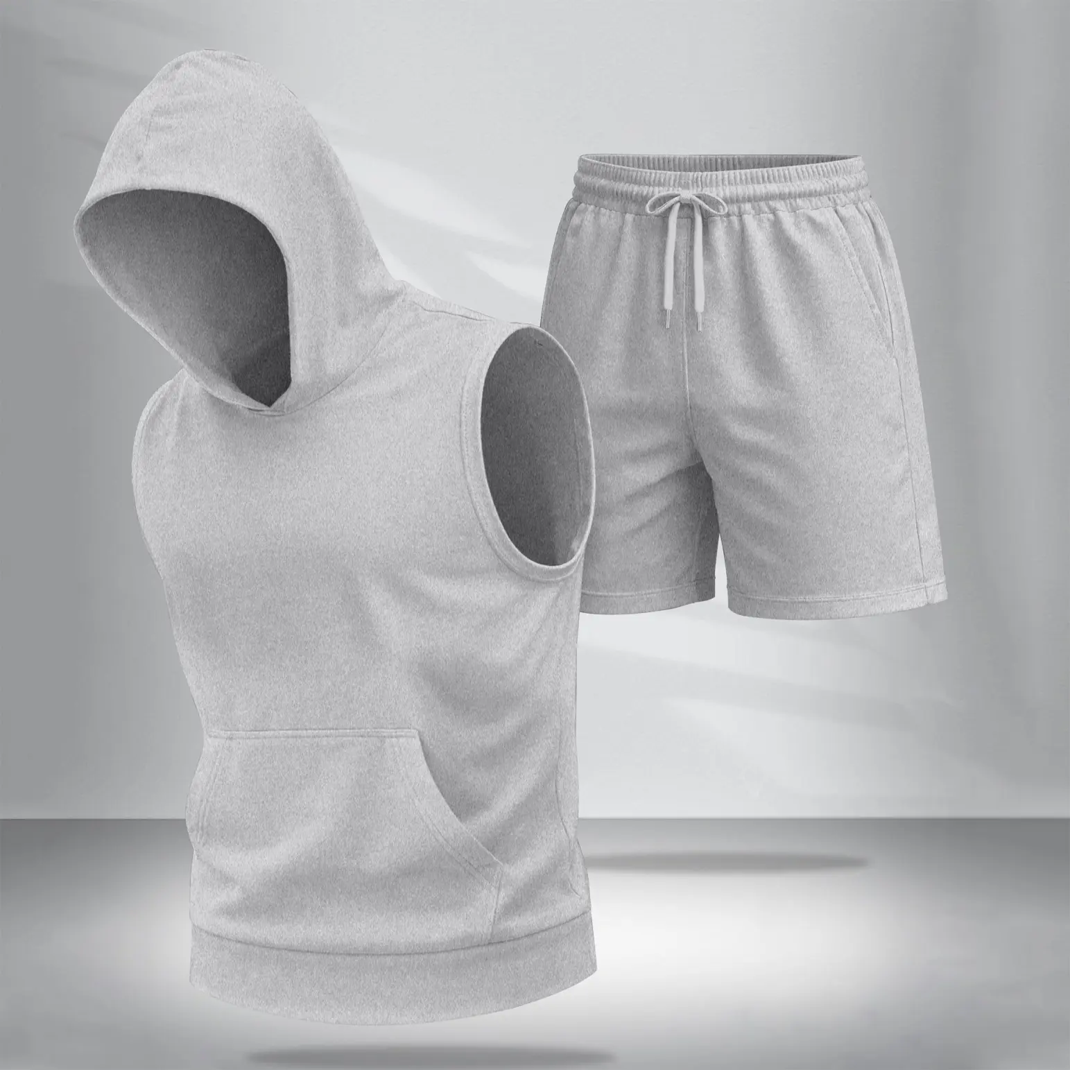 Men's 2-Piece Athletic Set, Minimalist Sleeveless Crew Neck Hoodie & Drawstring Shorts, Plain Breathable Polyester Outfit, Machine Washable, Pants, Clothes, Casual, Sporty Chic