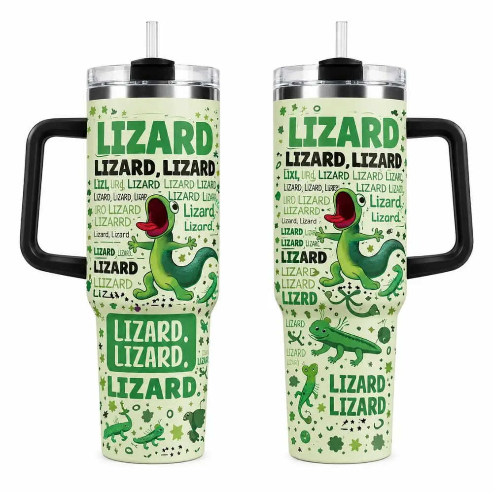 Funny Lizard Doodle Tumbler 30oz 40oz, Cute Gecko Cartoon Travel Cup, Reptile Lover Gift, Whimsical Animal Drinkware