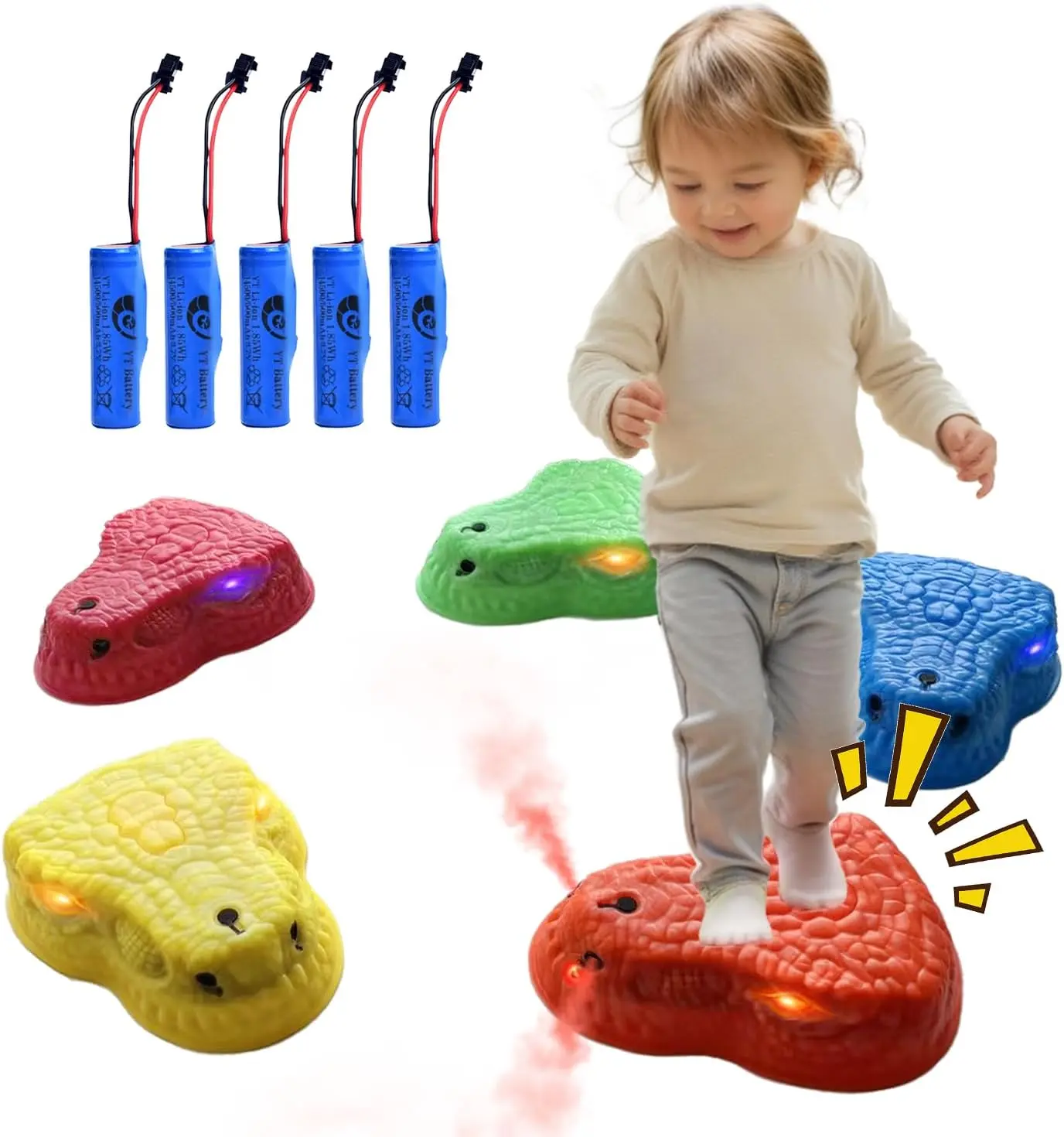 Mist Spraying, Dino Roaring & Light-Up Stepping Stones; Durable Non-Slip Sensory Dinosaur Balance Stones with 5 Rechargeable Batteries; Perfect for Indoor & Outdoor Play