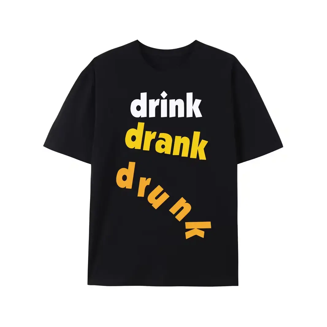 Drink Drank Drunk Black Crew Neck Everyday Short Sleeve Shirt, Three Gradient Orange Bold Font Drink Stages Contrast Stacked Text Chest Print For Casual Beer Wine Drinkers Relaxed Garment