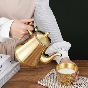 Gold Stainless Steel Outdoor Kettle with Removable and Washable Filter Modern Design for Camping, Family Gatherings, and Dining Reusable Manual Teapot for Coffee and Tea Enthusiasts Teapot