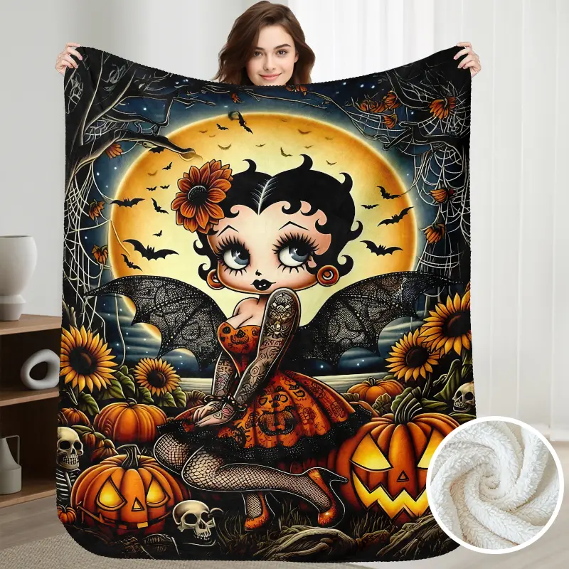 Betty Boop Graphic Oversized Blanket Throws - Halloween Theme Sherpa Blanket, All-Season Cozy Bedding Accessory, Home Decoration for Women, Ideal Birthday Gift