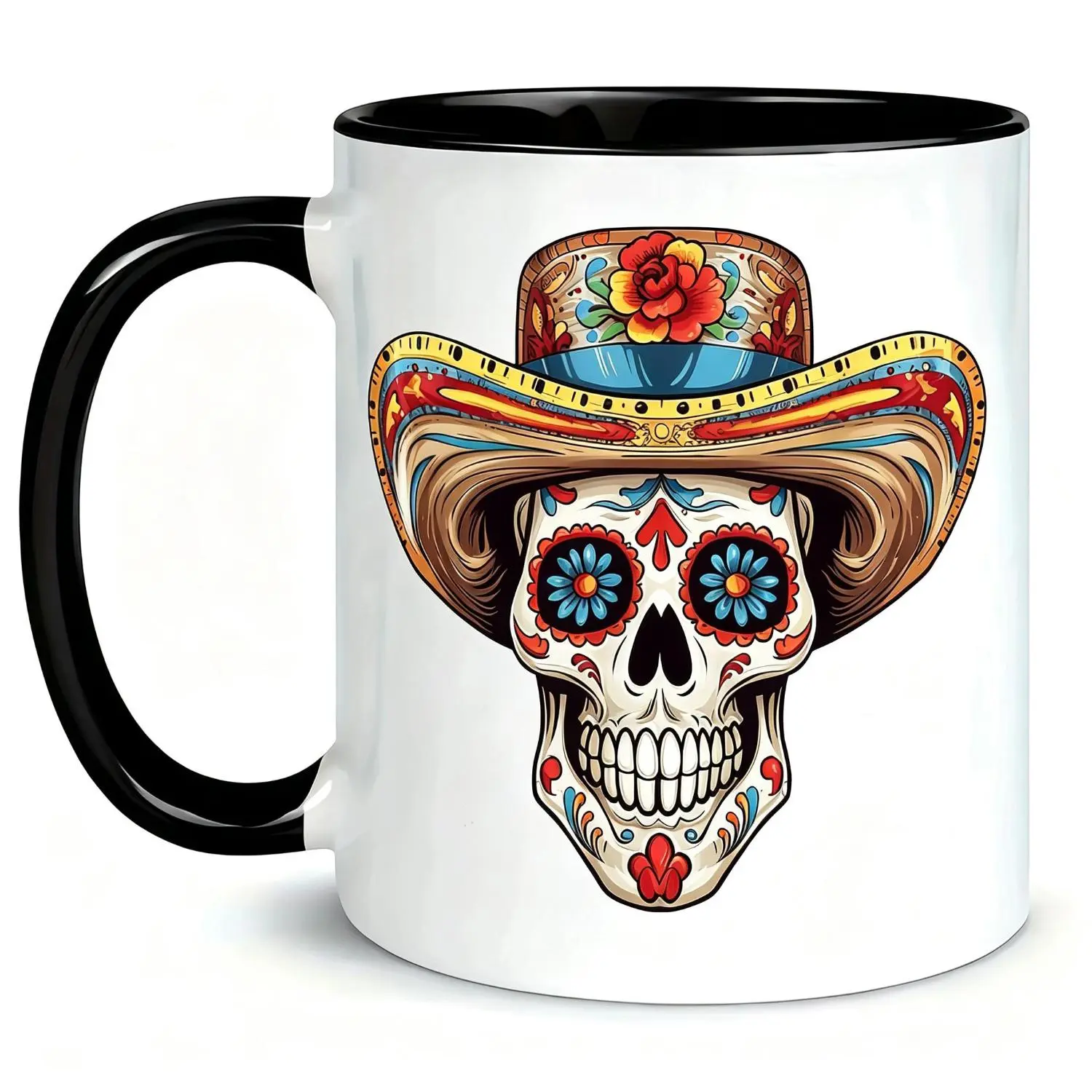 Day of the Dead Sugar Skull Sombrero Coffee Mug, Mexican Dia de los Muertos Floral Calavera Ceramic Cup 11oz, Vibrant Cultural Gift for Skull Enthusiasts, Festive Art Themed Drinkware