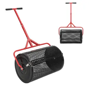Efficient Compost and Peat Moss Spreader – 24 Inch Lawn & Garden Seeder Roller with Adjustable T-Shaped Handle, Side Latches, Powder-Coated Metal – Spreads Grass Seed, Topsoil, Fertilizer, Manure – Handle in Red