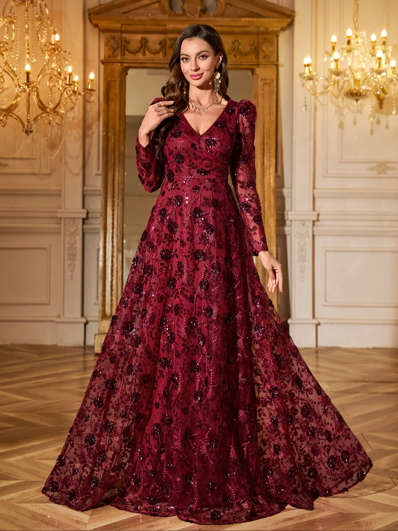 Women's V Neck Long Sleeve Sequin Embroidery Formal Party Dress, Random Floral Pattern, Side Ruching, Elegant Evening Gown