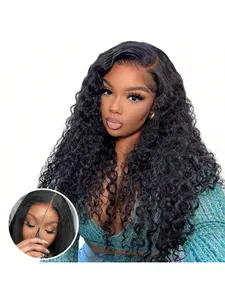 180 Density Deep Wave Wig 5x5 HD Lace Frontal Wig Pre-Plucked & Pre-Bleached 5*5 Glueless Wear And Go Pre-Cut Lace Closure Wig For Women Human Hair Wig Deep Curly Textured Wig Natural Hairline Kinky Curly Pre-Cut Lace Is Available ,16-30 Inch