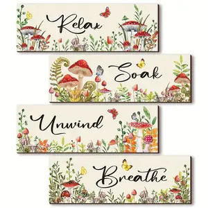 4-Piece Watercolor Floral Mushroom Wooden Wall Decor, Bathroom Relaxation Artistic Art Sign, Butterfly Print for Home Bedroom and Living Room, Vintage Art