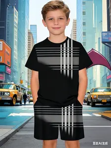 Kids 2 Piece Outfits Black Gray Gradient Plaid Stripe Print Boys Summer Short Sleeve T Shirt + Shorts Set Minimal Casual Theme Breathable Casual Clothes for School Daily Cool Personality Kids Clothing