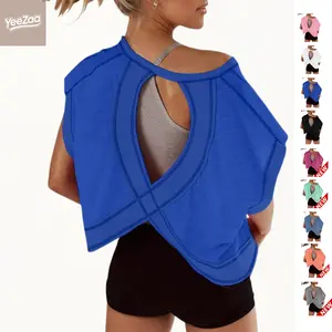 YeeZaa Oversized Open Back Workout Top for Women 2026 Spring Summer Loose Fit Athletic Crop Tee Short Sleeve Backless Yoga Shirt Slouchy Running Gym Tee Casual Y2K T Shirt Cutout Cutout
