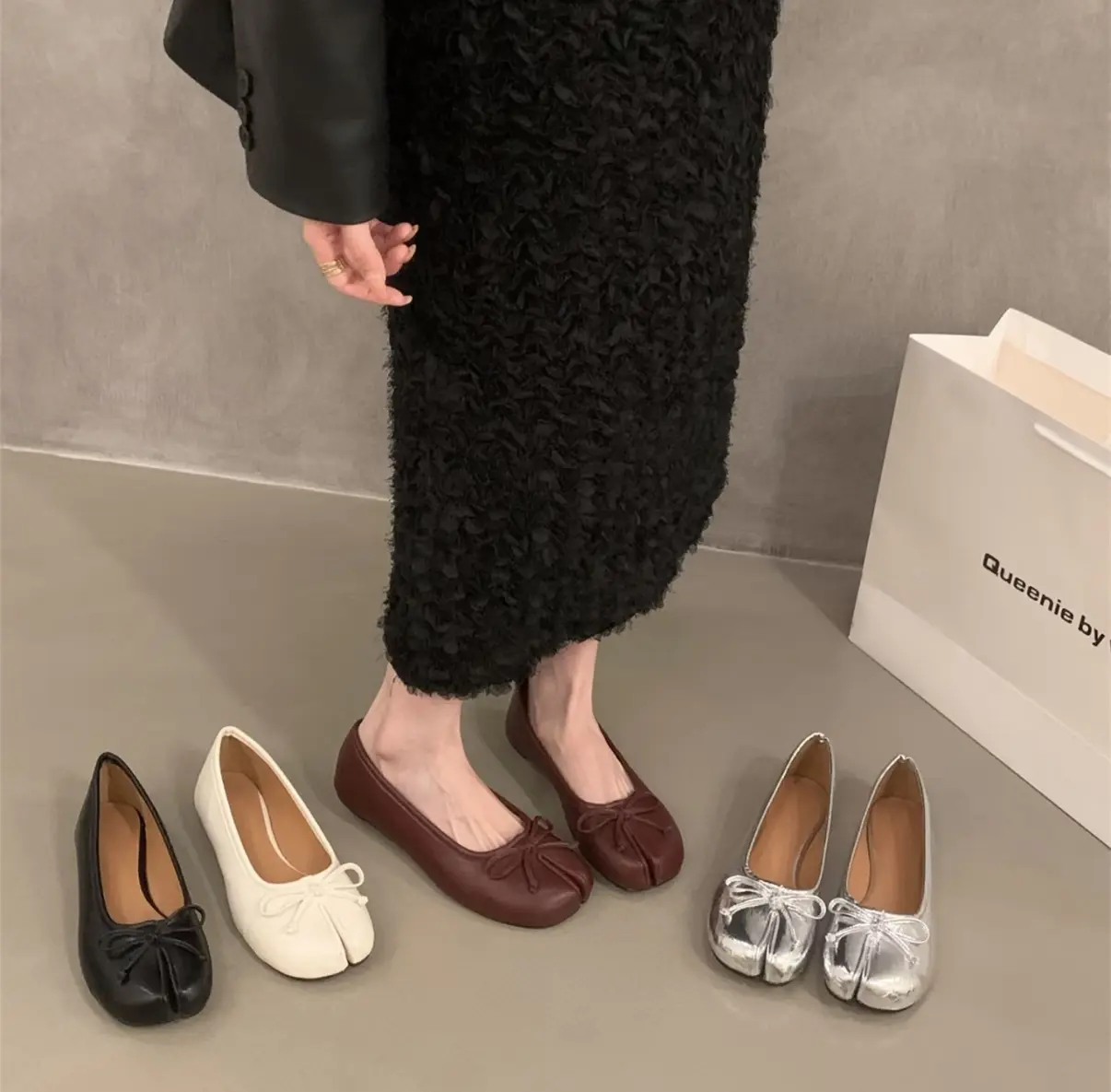 Women’s silver metal bow flat shoes, soft leather ballet flats—simple, elegant slip-on women’s shoes for everyday wear and street parties