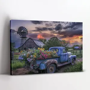Country Blue Truck and Floral Canvas Wall Art, Wooden Frame - Vintage Country Barn and Windmill Scene, Suitable for Living Room Decoration, Thanksgiving, Christmas, Halloween and Bachelorette Parties, Size 11.8x 15.7inch