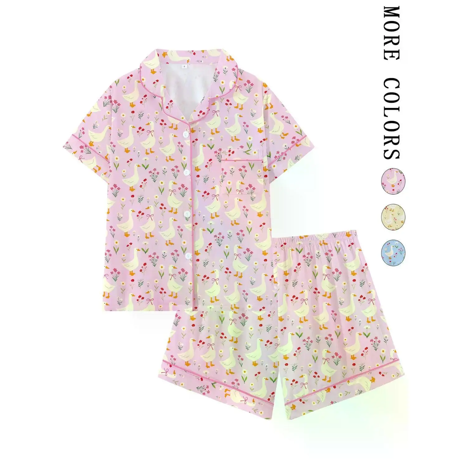 Charming Goose Print Pajama Set with Butterfly Knot, Short Sleeve Loose-Fit Sleepwear, Comfortable Loungewear for Home & Travel, Ideal Gift
