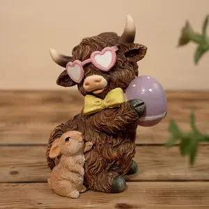 Highland Cow Rabbit Easter Egg Sculpture - Easter Decoration, Outdoor Decorative Ornament, Holiday Decoration