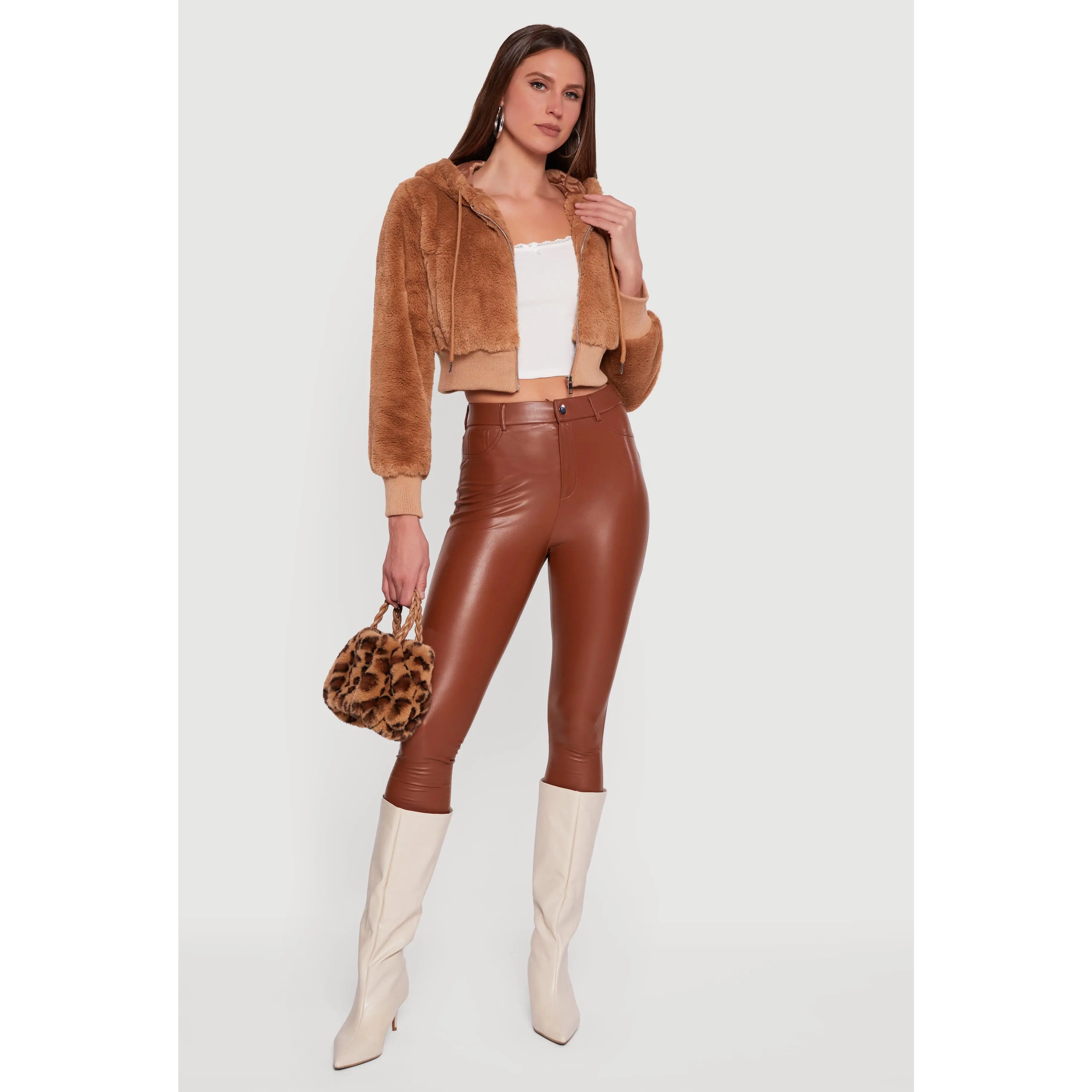 Faux Fur Zip Front Hooded Cropped Jacket