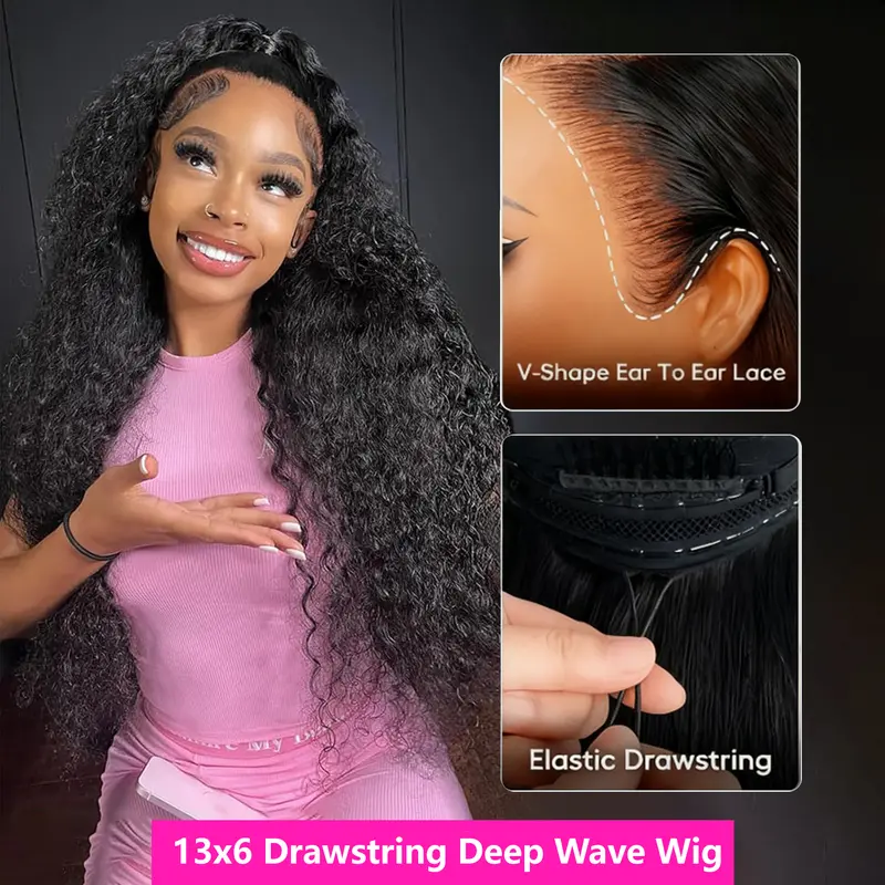[Drawstring Wigs]13x6 Drawstring Wigs Human Hair Deep Wave Wigs Brazilian Wave 13x4 Curly Wigs Human Hair For Women PrePlucked 180% Density Nature Black Color Vacation Hair