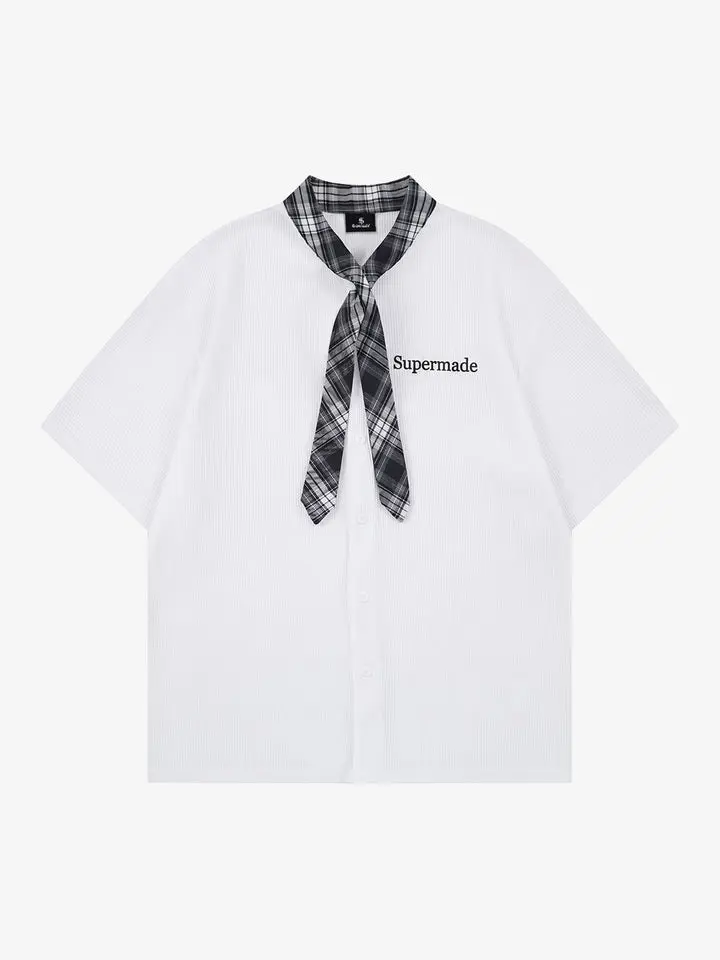 Thesupermade Plaid Collar Waffle Texture Shirt | Oversized Boxy Dropped Shoulder Streetwear Top Men Women
