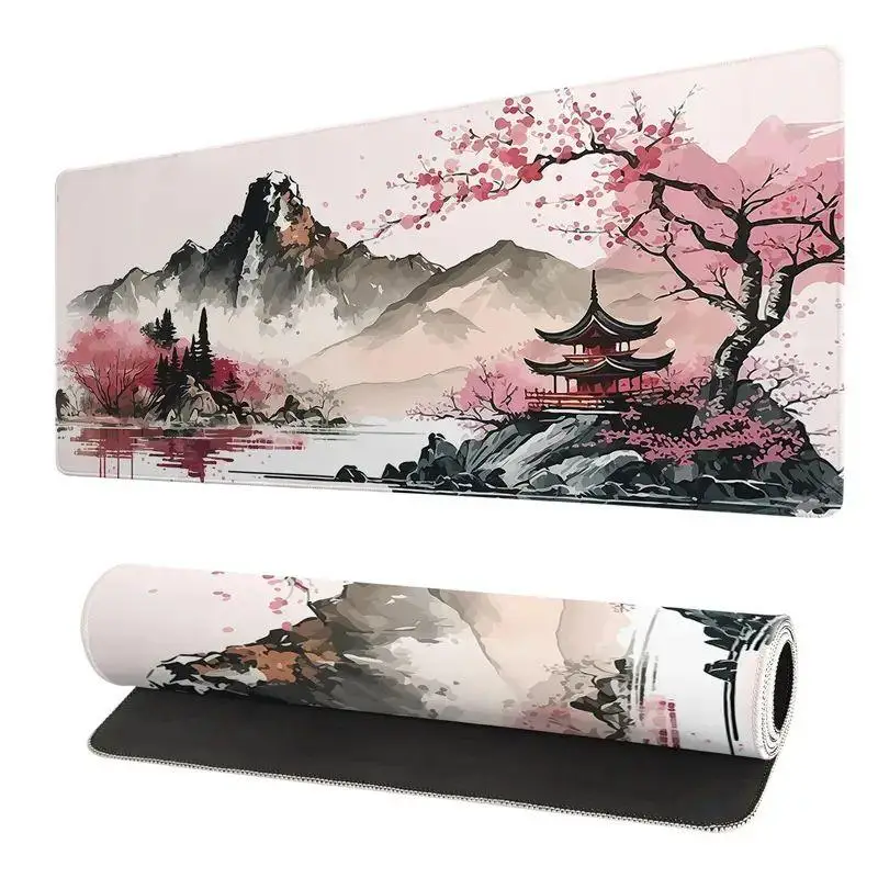 Cherry Blossom Pattern Gaming Mouse Pad, 1 Count Extended Keyboard Mouse Pad With Non-slip Base, Durable Stitched Edge Desk Keyboard Mat For Home Offi
