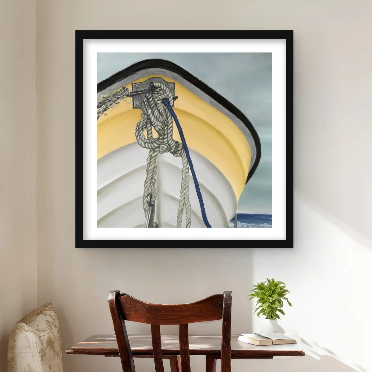 212 MAIN The Yellow Boat Coastal Framed Matted Print - 24x24 in. Beach Painting, Modern Home Decor, Coastal Vibes, Indoors Room Art, Bathroom Wall Display, Boat Motif Gift