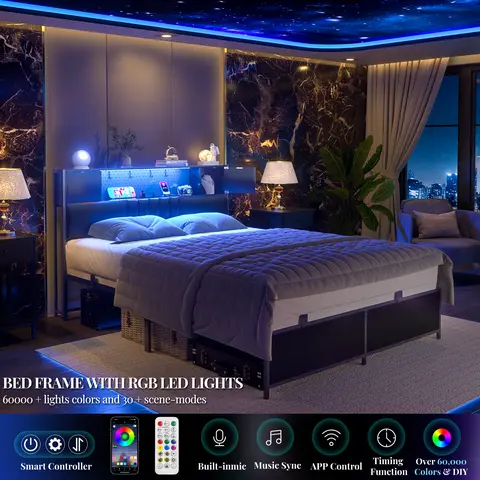 Unikito King Size Smart Bed Frame Set - Luxury Leather Headboard, LED Lights, Power & USB Ports, Silent Sturdy Metal Slat Support, Storage Bed with Compartments, Modern Indoor Bedroom Furniture