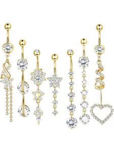 7 Pcs 14G Dangle Belly Button Rings for Women 316L Surgical Steel Curved Navel Barbell Body Jewelry Piercing