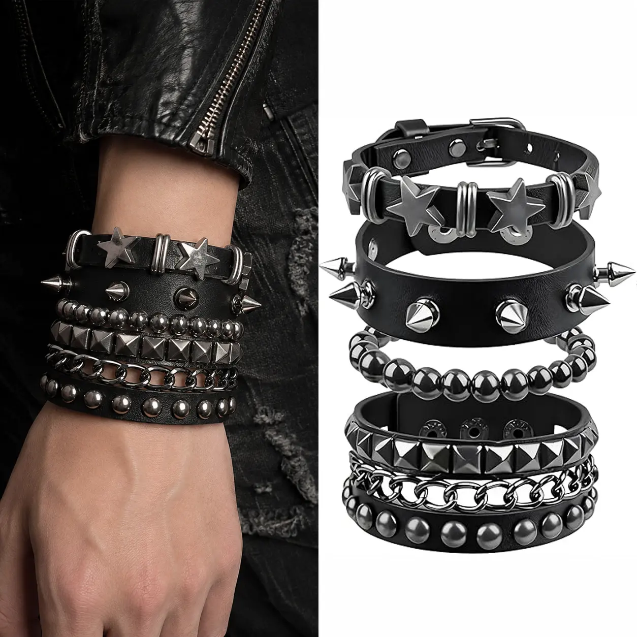4 PCS Punk Rock Studded Bracelet Set for Men Women, Adjustable Faux Leather Spiked Bracelets, Emo Goth Accessories, Gothic Star & Round Rivet Cuff Wristbands, Rocker Jewelry Gifts Set