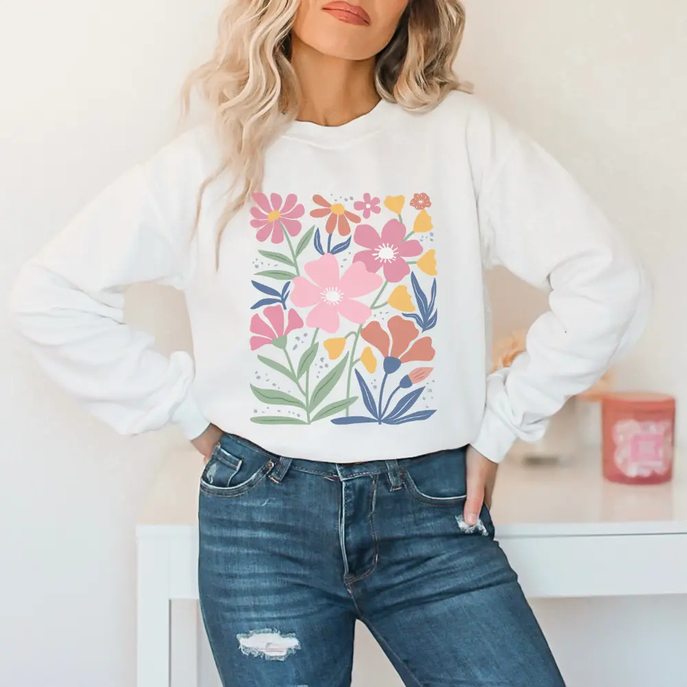 Boho Flowers Gildan Sweatshirt, Women's Top Cozy Floral Pullover Soft Boho Style Womenswear Vintage Floral Print T-Shirt