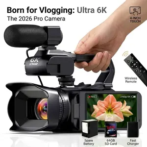 2026 6K Video Camera with 4-Inch Touch Screen, 18X Digital Zoom, Wireless Remote Control & 64GB Memory Card, Portable Camcorder for Outdoor Activities, Travel & Family Parties, Easy-to-Use Vlogging Camera with Clear Video Capture