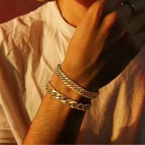 U7 Man Two Cuban Chain Bracelet Set Hip Hop Casual Daily Cuban Link Bracelet Stack for Man